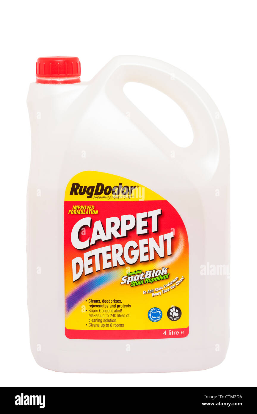 Una bañera de RugDoctor detergente para limpiar alfombras alfombras sobre un fondo blanco. Foto de stock