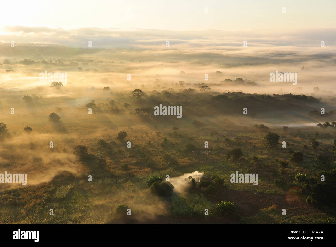Amanecer sobre pradera salpicada con campos, invadiendo la bruma, Mozambique Central Foto de stock