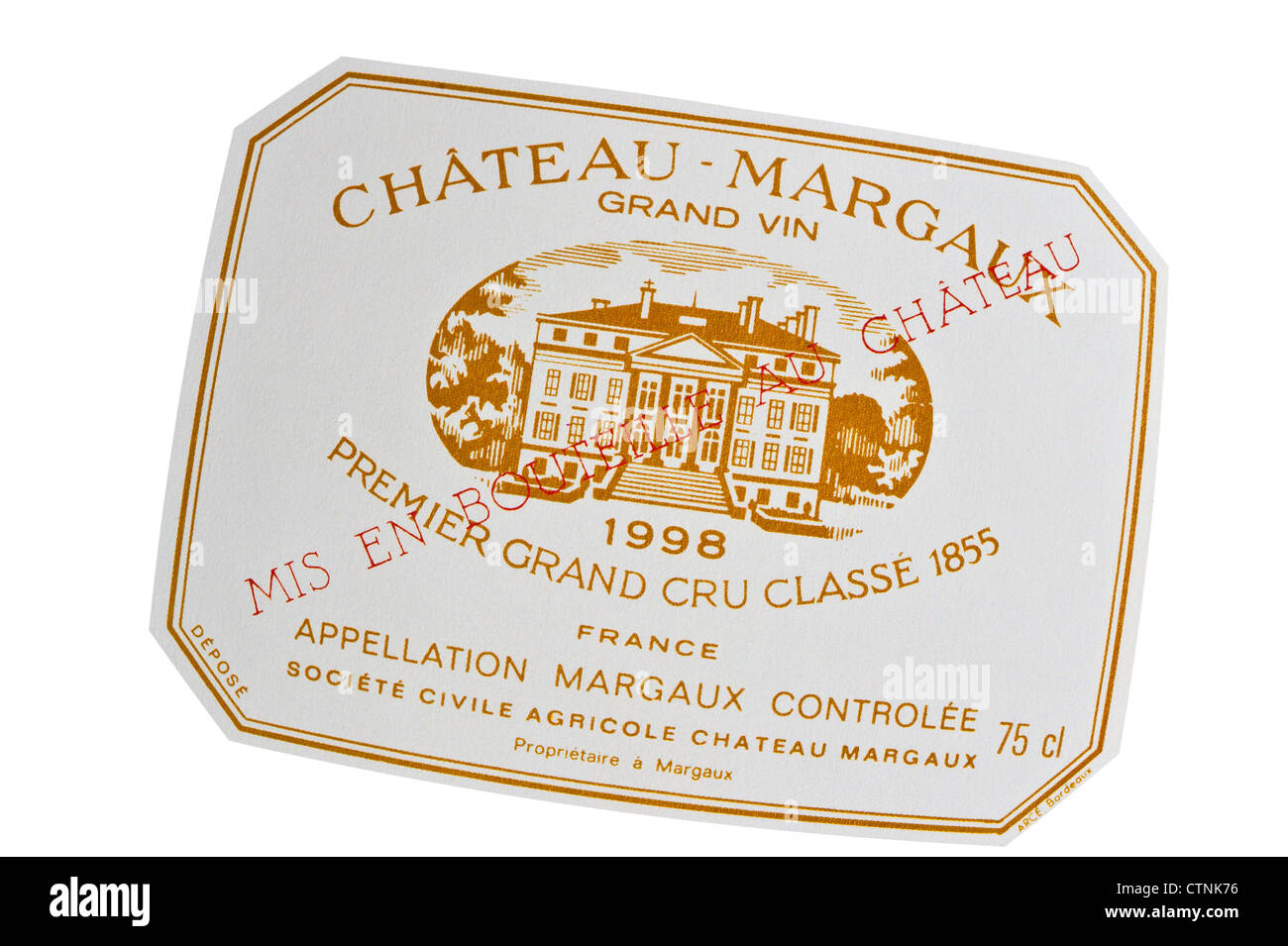 Etiqueta de una botella de vino Chateau Margaux premier grand cru classe 1998 vino rojo Burdeos gironda Francia Foto de stock