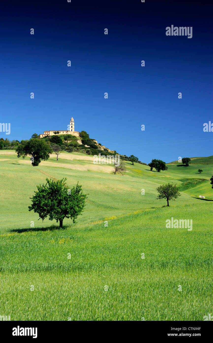 Italia, Basilicata, sant'arcangelo, campos de trigo y el monasterio de santa maria di orsoleo Foto de stock