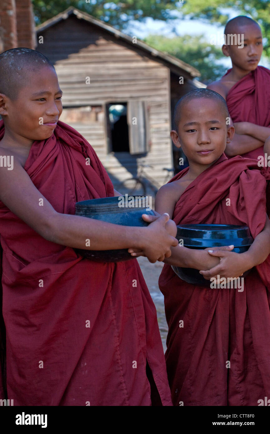 Myanmar, Birmania. Bagan. Los jóvenes monjes novicios sosteniendo su mendicidad tazones. Foto de stock