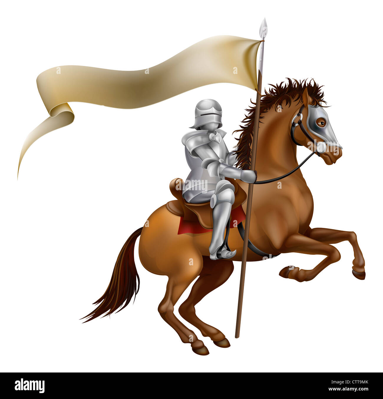Un caballero con lanza y estandarte montado sobre un caballo potente Foto de stock