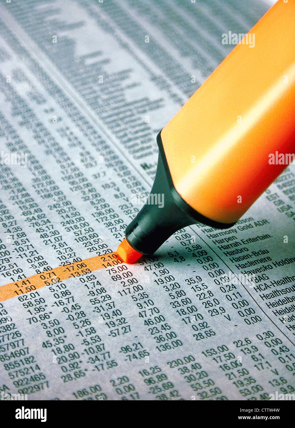 Textmarker markiert Aktienkurse im Wirtschaftsteil einer Zeitung Foto de stock