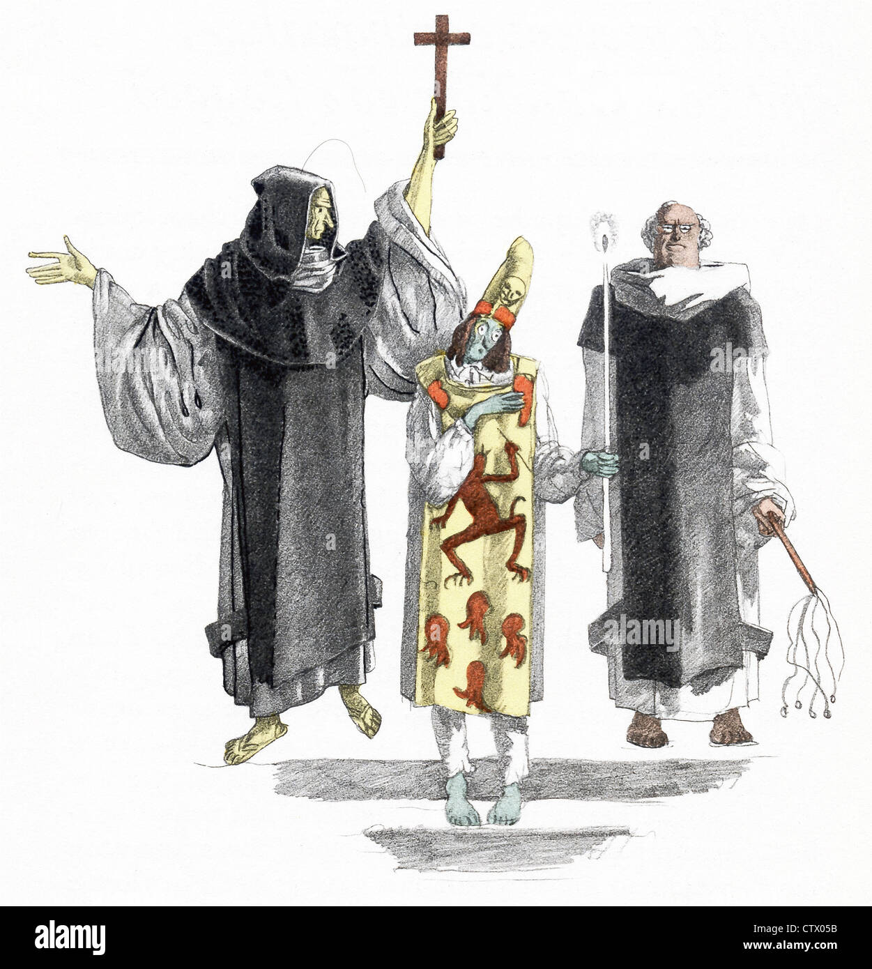 El personaje de la novela Candide está aquí como un hereje, con dos clérigos, como parte de Auto da fe en Lisboa. Foto de stock