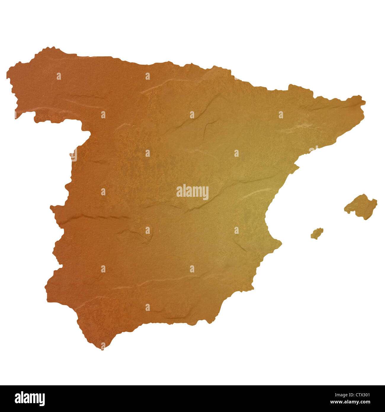 Mapa de España mapa de textura marrón con textura de roca o piedra, aislado sobre fondo blanco con trazado de recorte. Foto de stock