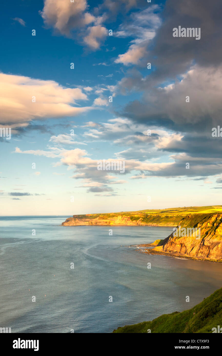 Un paisaje marino de la costa de Yorkshire tomado de Staithes mirando hacia Puerto Mulgrave, Kettleness y Whitby. Foto de stock