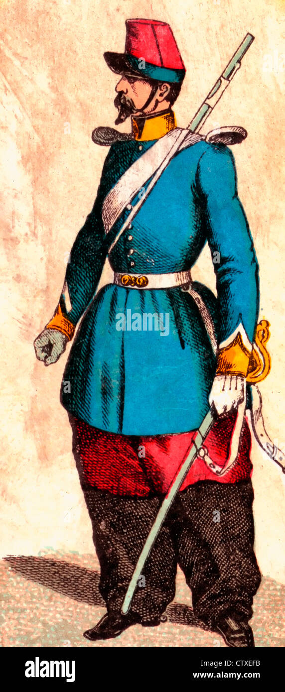 Chasseur, Argelia, Francés chasseur estacionadas en Argelia en 1853, vistiendo uniforme con el cigarrillo tarjeta emitida por Kinney Tobacco Co. Foto de stock