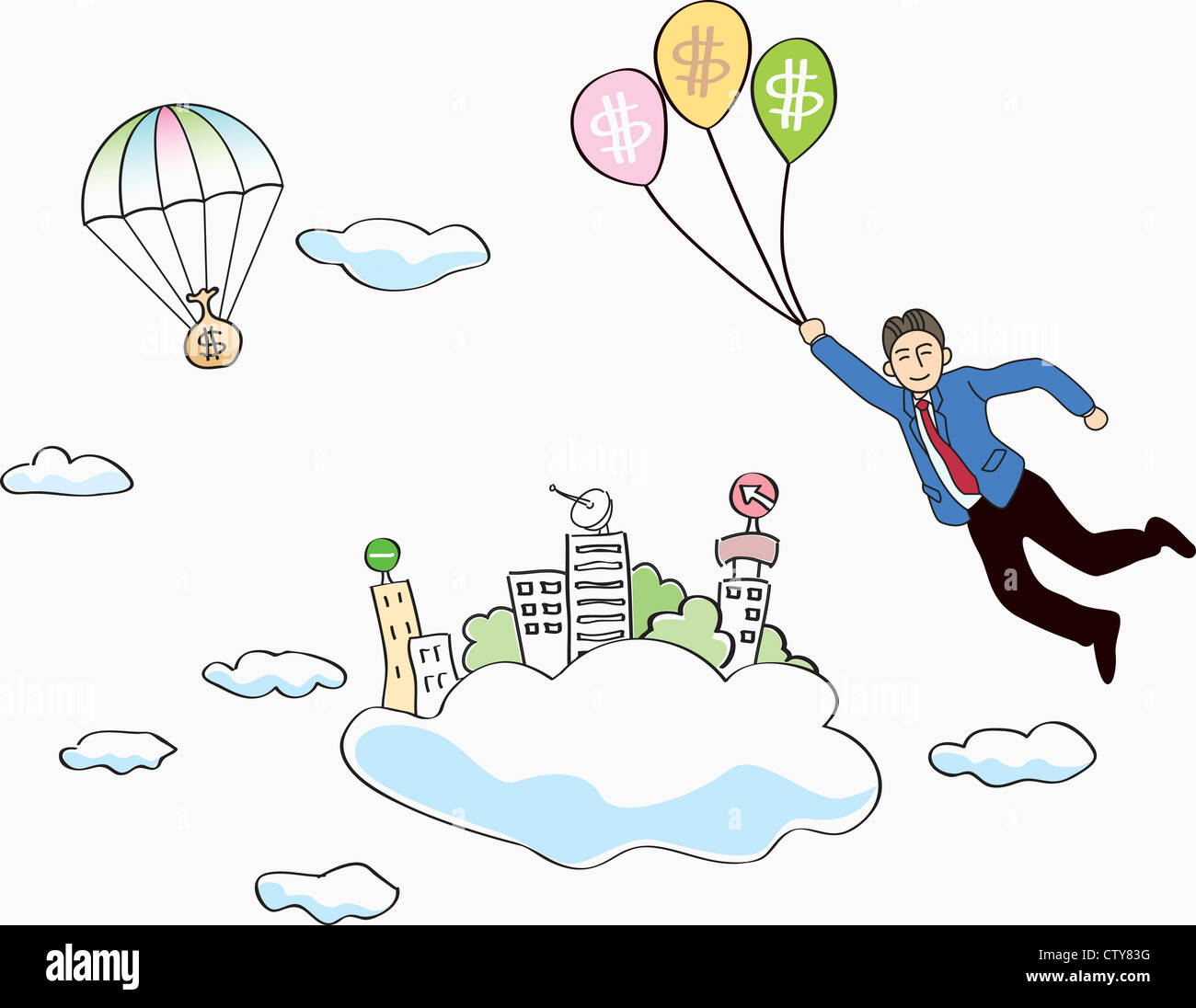 Hombre volador con dinero globos y ciudad verde Foto de stock