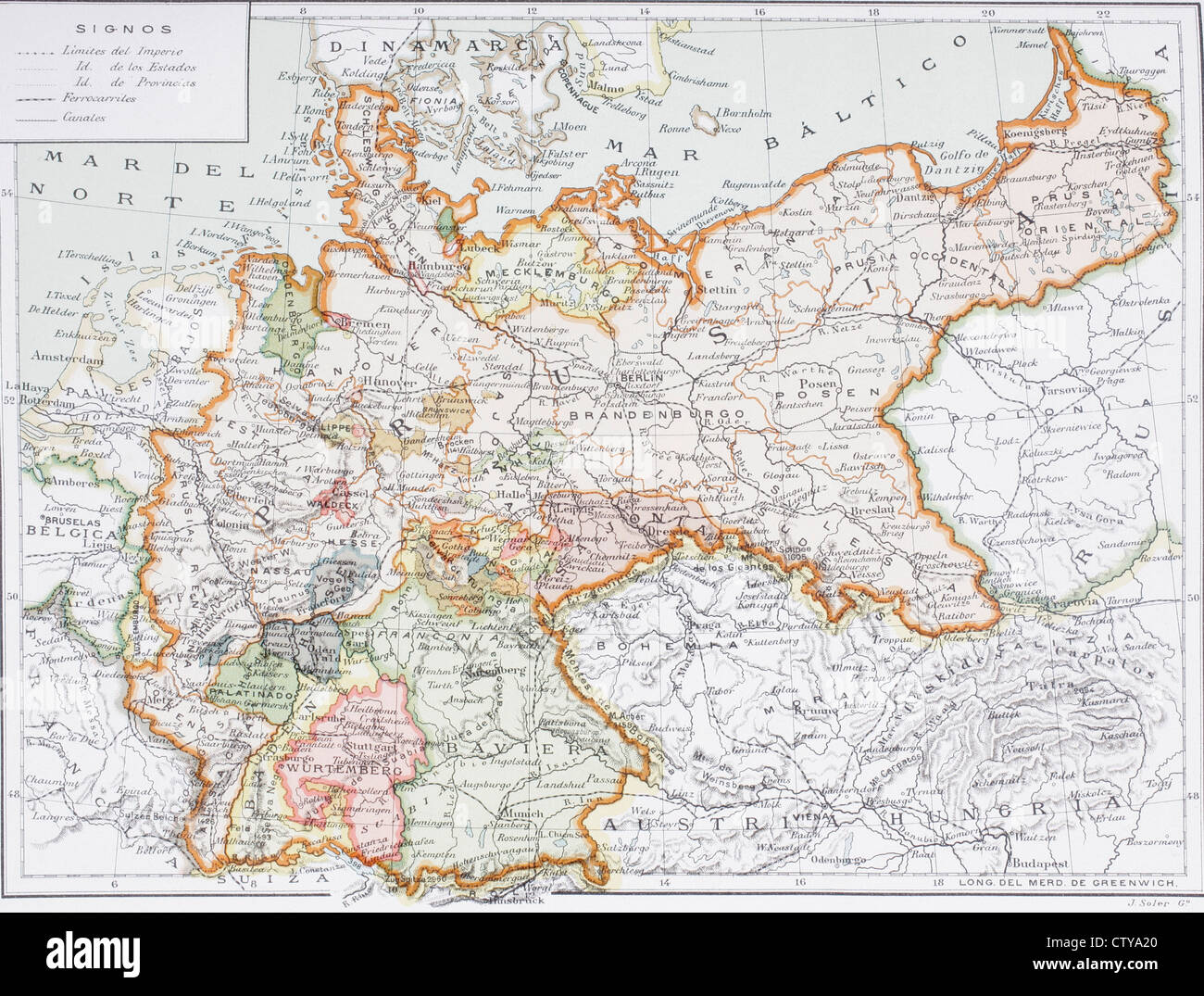 Mapa de la Alemania imperial antes de la Primera Guerra Mundial, en las postrimerías del siglo XX. Mapa editado en idioma español. Prusia y el Imperio Alemán. Foto de stock