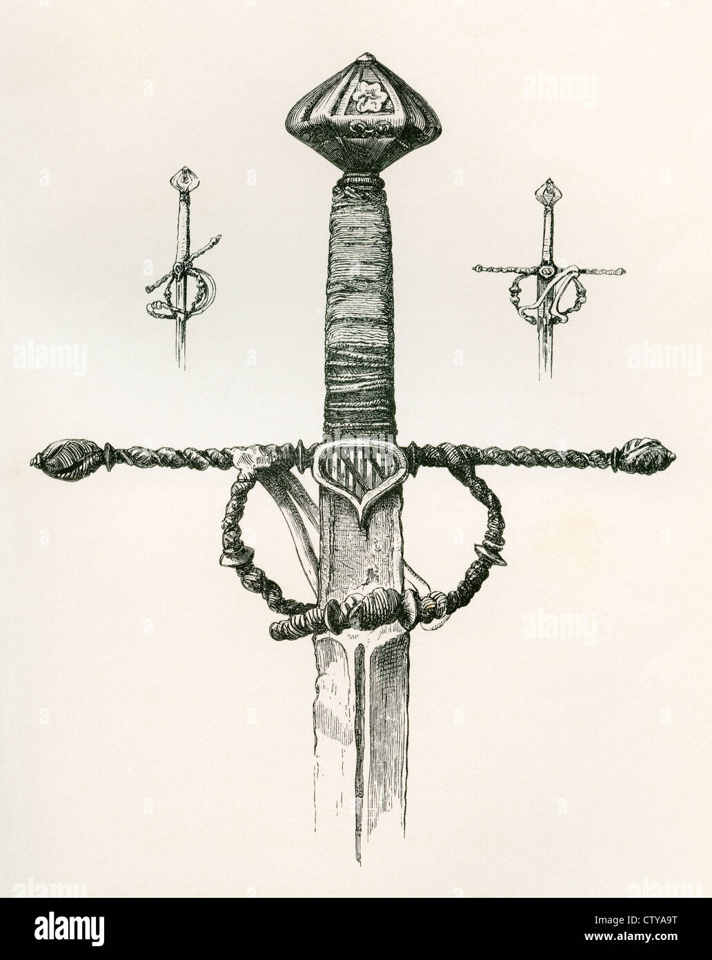 Caballero con la espada de doble filo, hoja cruceta trenzados en espiral y el dedo índice y el pulgar, guardia fecha A.D. 1455. Foto de stock