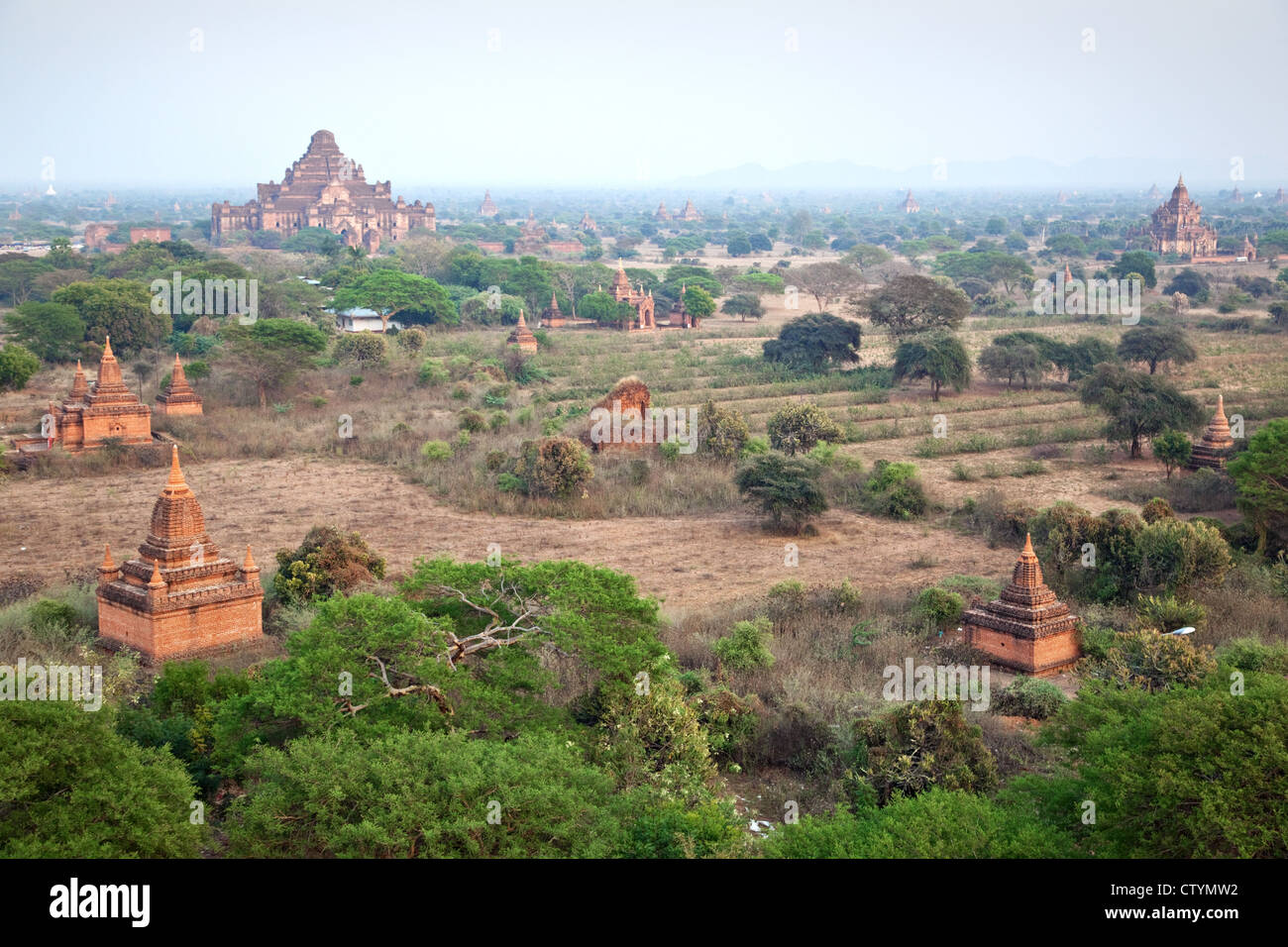 Panorama de la llanura de Bagan con templos budistas en la zona arqueológica de Bagan, Myanmar. Foto de stock