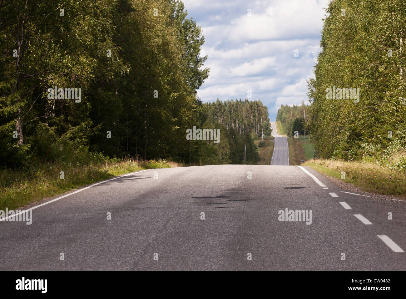 Un accidentado, sinuoso camino campestre en el sol de verano en el norte de Finlandia Foto de stock