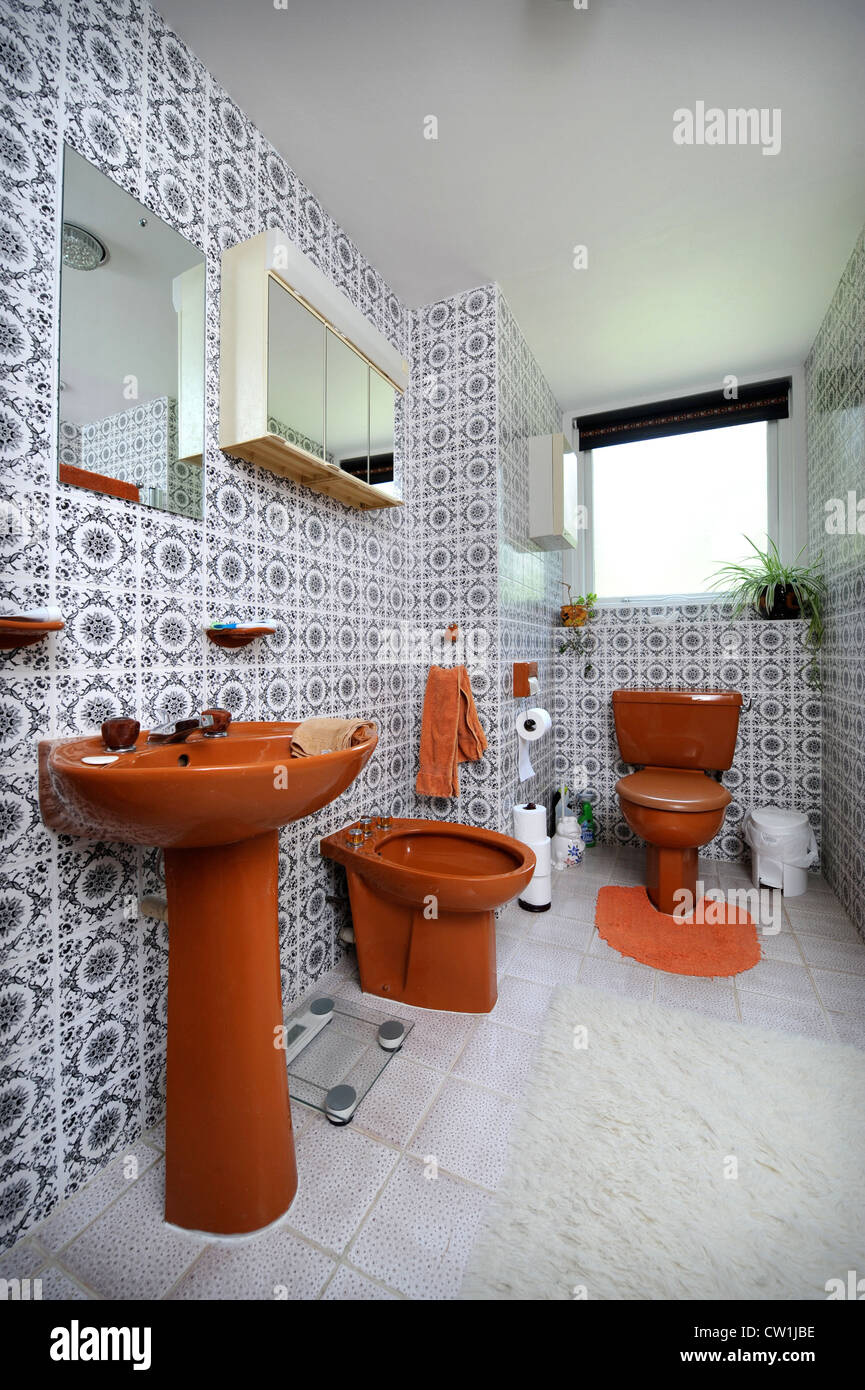 Cuarto de baño con brown suite en una casa de estilo 1970 que ... Cuarto de baño con brown suite en una casa de estilo 1970 que ...