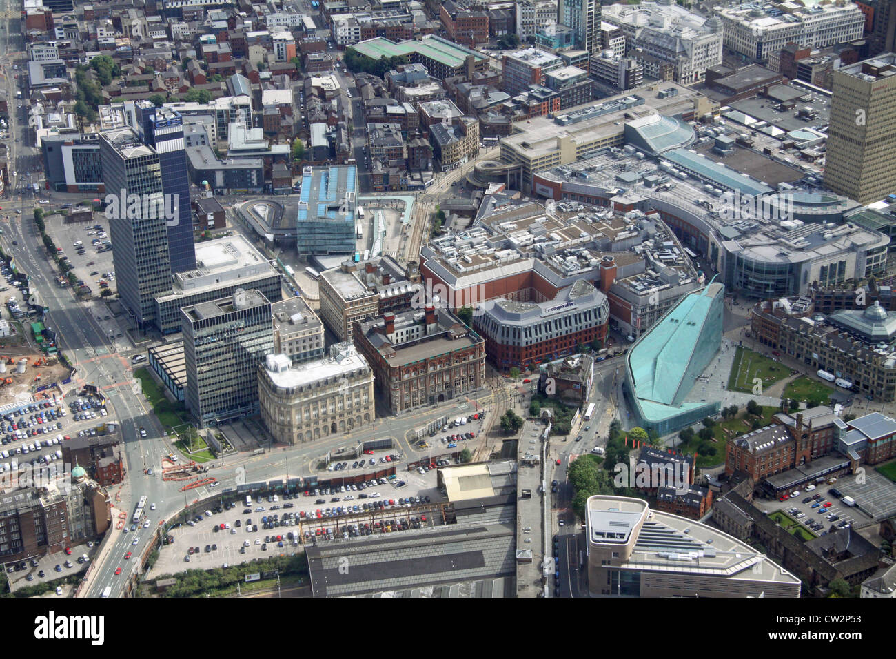 Vista aérea del centro de la ciudad de Manchester, zona de Deansgate Foto de stock