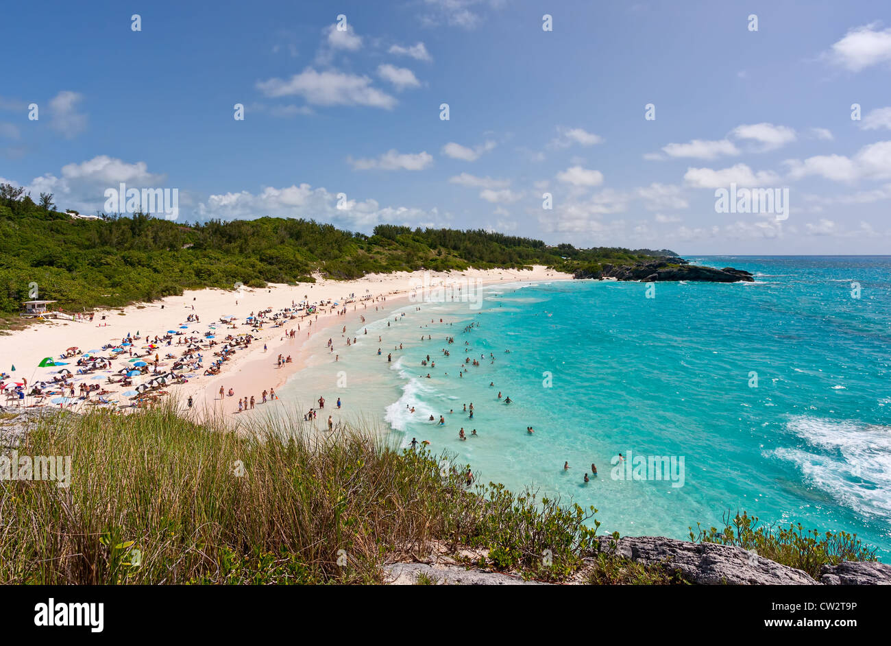 Horseshoe Bay Beach en las Bermudas. Hay bañistas en la playa y los