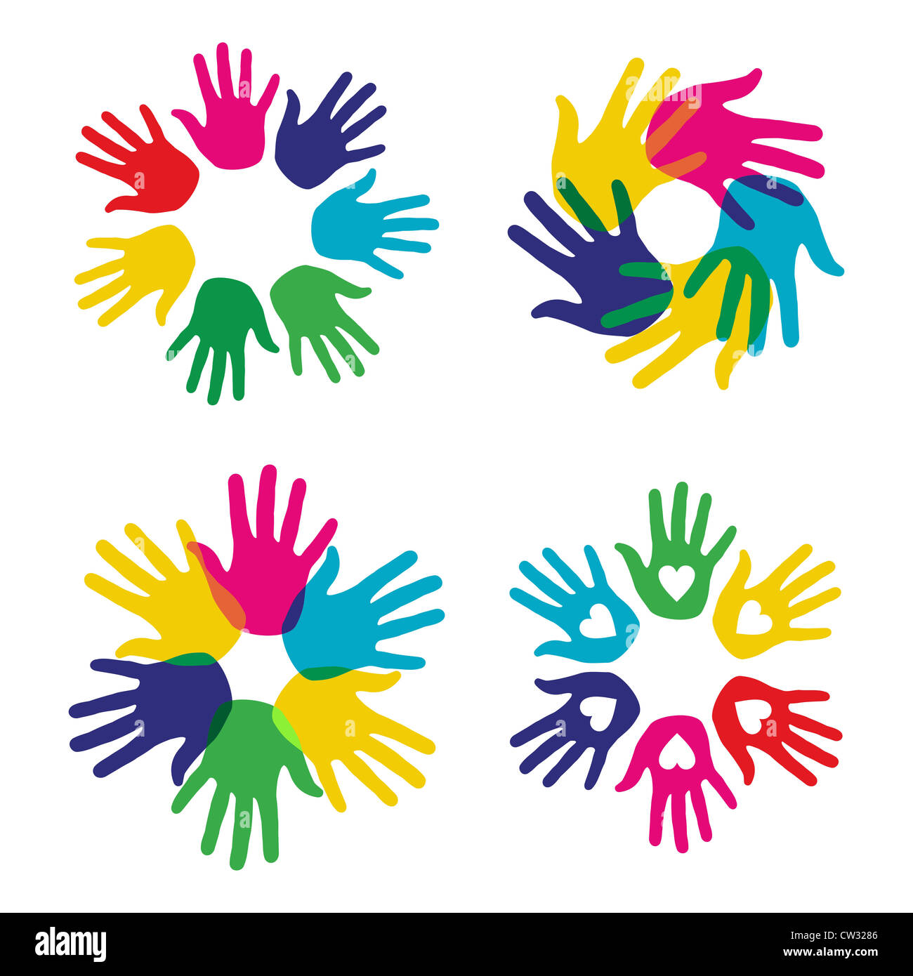 Multicolor diversidad creativa manos conjunto de símbolos. Ilustración vectorial para capas de fácil manipulación y coloración personalizada. Foto de stock