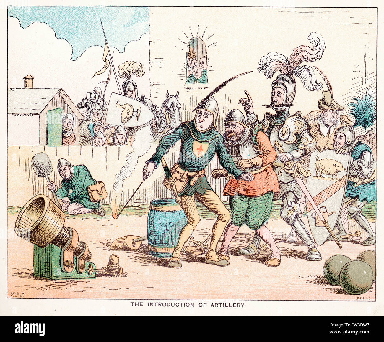 Sketch cómicos por T S Seccombe mostrando la introducción de la artillería en la edad media Foto de stock