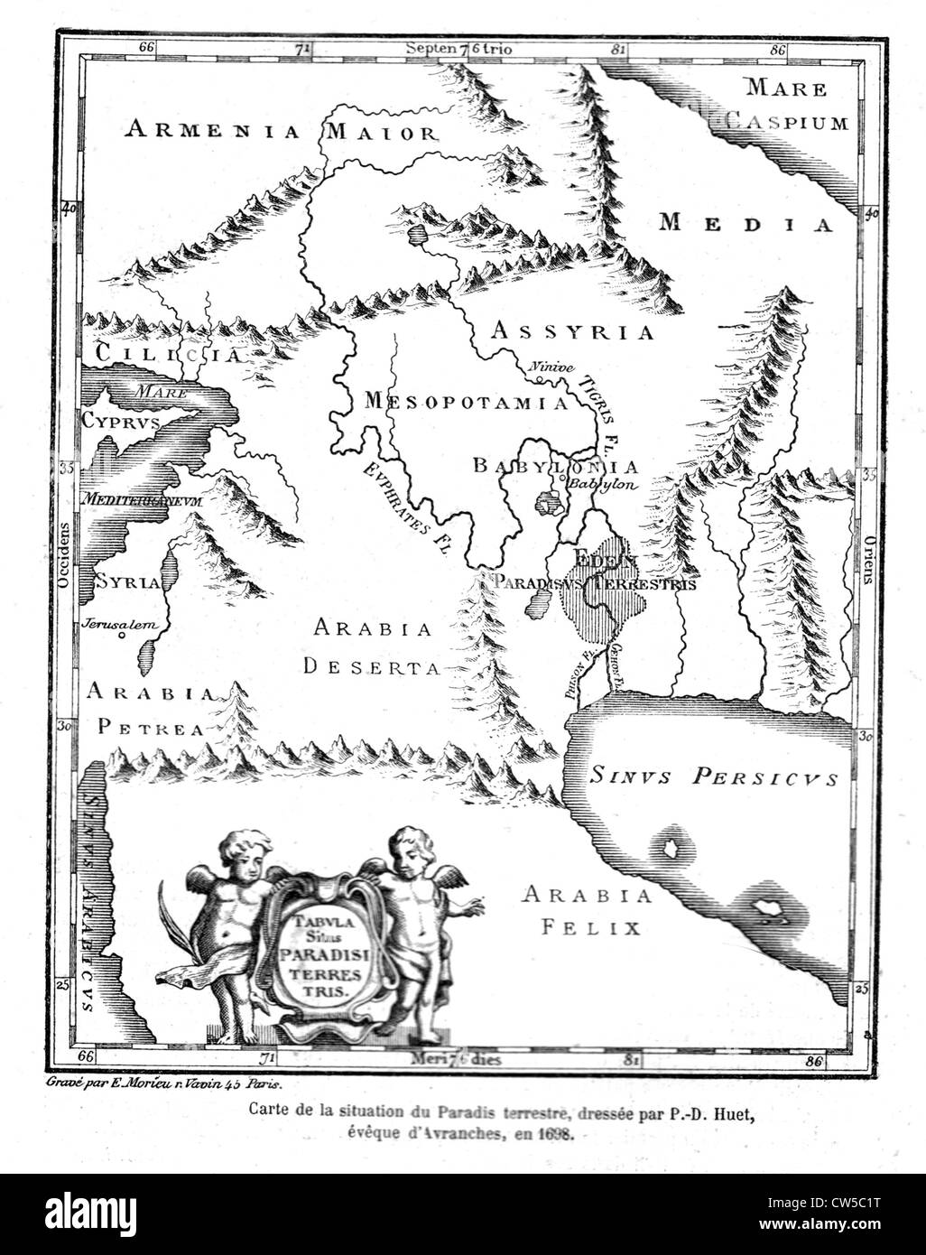 Huet, mapa geográfico del paraíso terrenal, 1698 Foto de stock