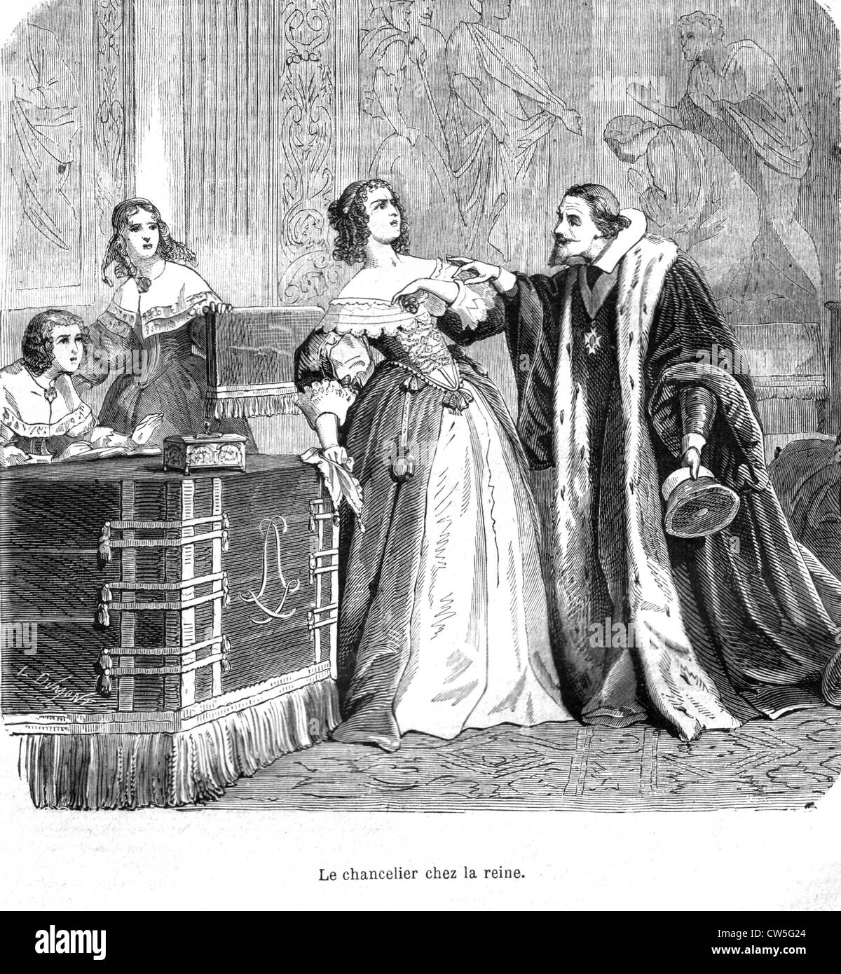 Los tres mosqueteros, el Cardenal Richelieu visitando a Ana de Austria Foto de stock