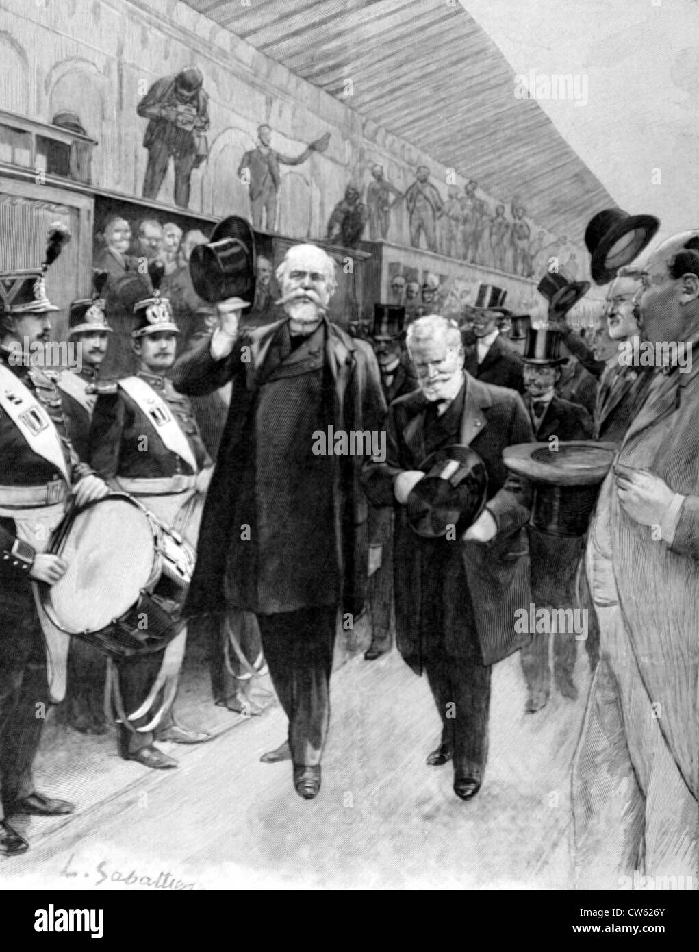 El rey Oscar II de Suecia y Noruega, recibido por el Sr. Loubet, Presidente de la República Francesa, en París, 7-7-1900 Foto de stock