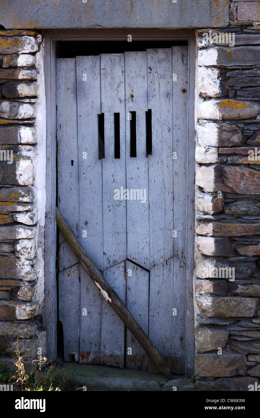 Casco azul pálido en la puerta de madera pintada de gris pizarra antigua granja, Colwith, Cumbria, Lake District, Inglaterra, Reino Unido. Foto de stock