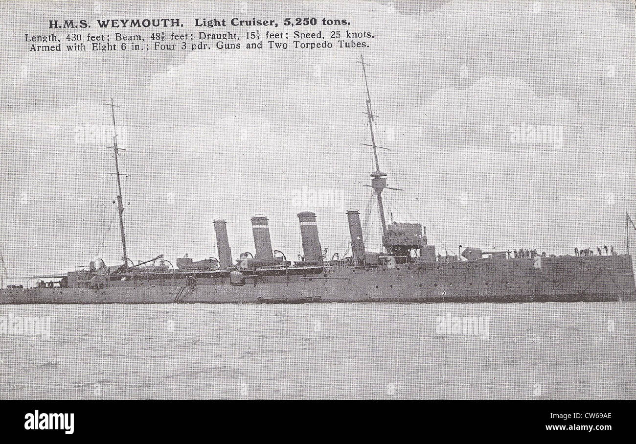 Luz cruiser británico "Weymouth' Foto de stock