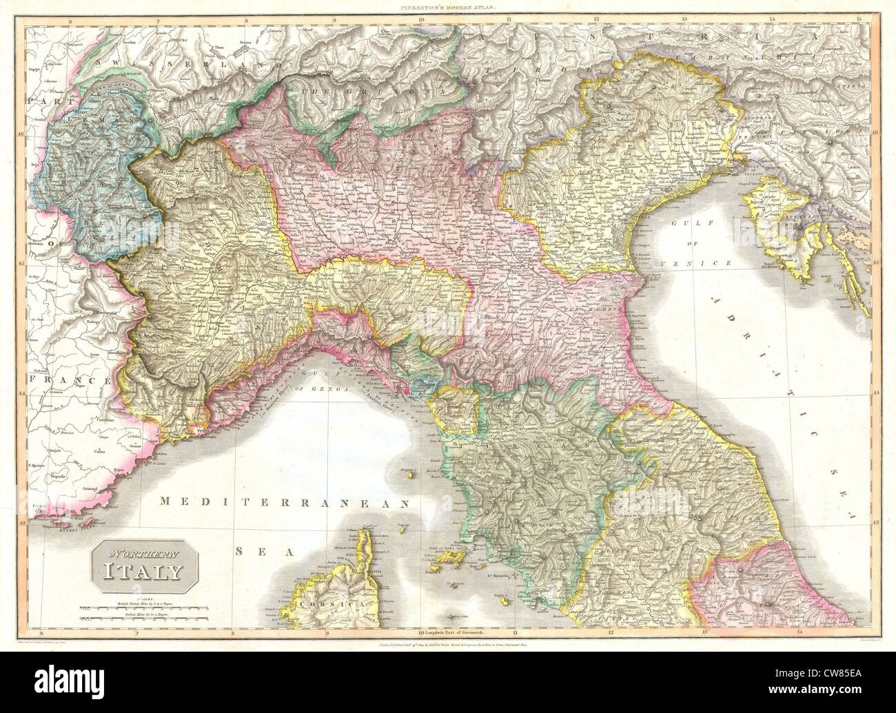 1809 Pinkerton Mapa del norte de Italia (Toscana, Florencia, Venecia, Milán ) Foto de stock