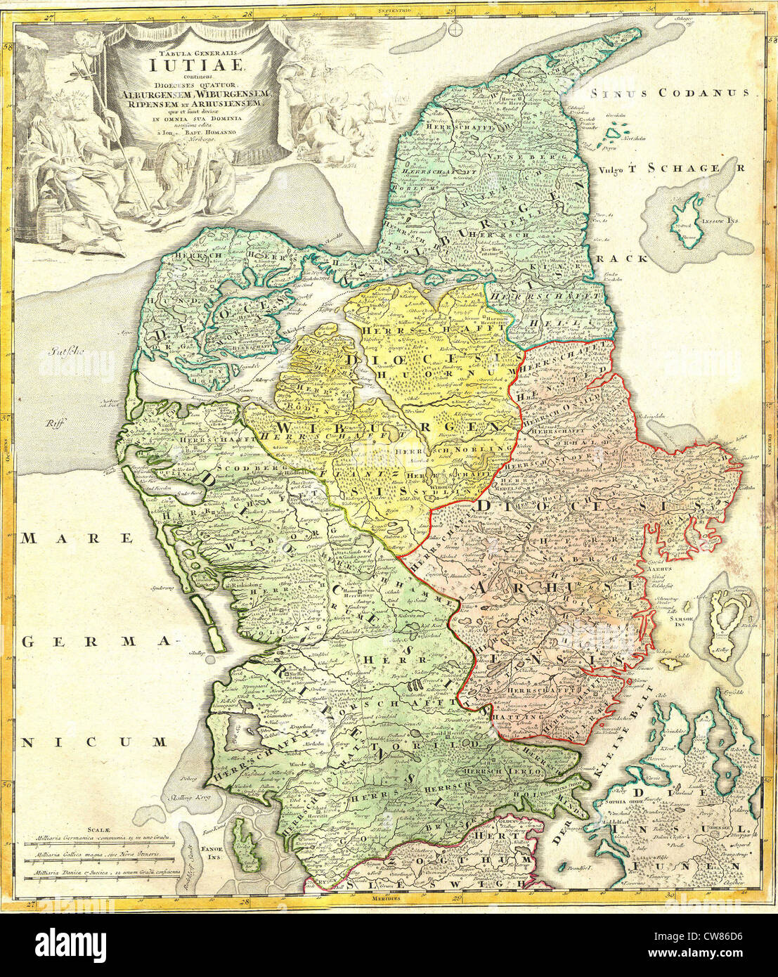 1710 Homann Mapa de Dinamarca "Iutiae' Foto de stock