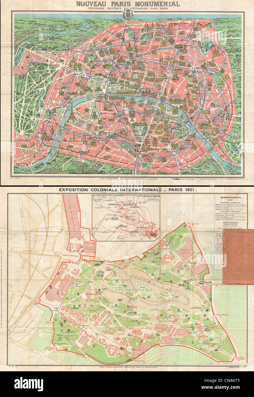 1931 Leconte Mapa de París w-monumentos y mapa de la Exposition Coloniale Foto de stock