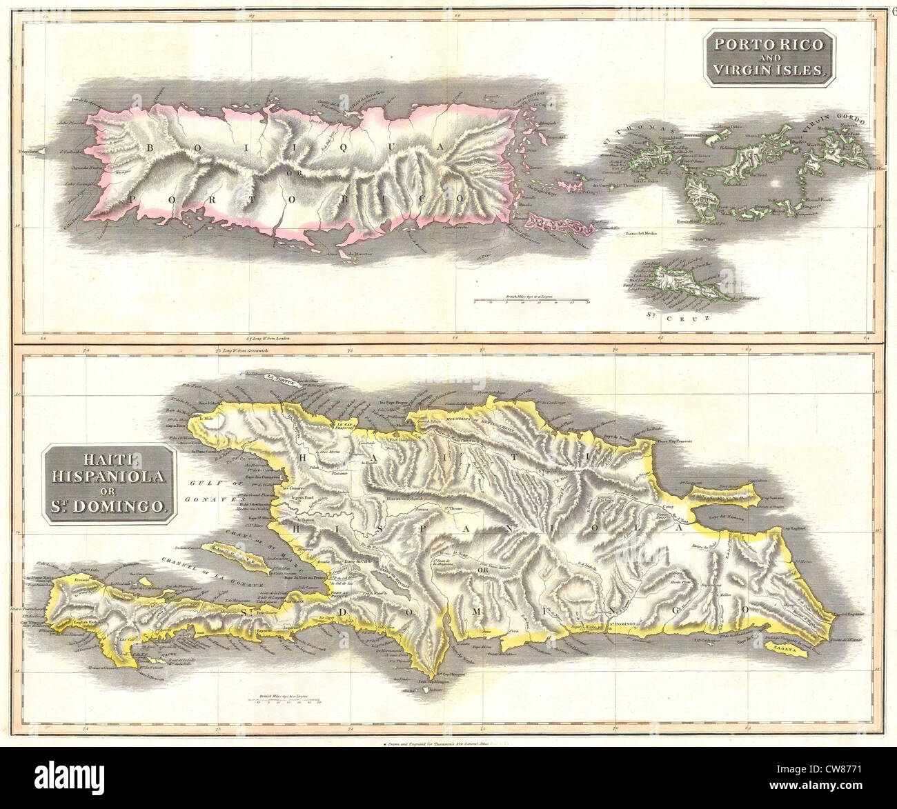 1815 Thomson Mapa de Puerto Rico, Islas Vírgenes, Haití, República Dominicana Foto de stock