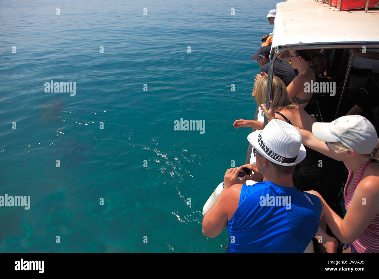 Barco turístico con fondo de cristal en busca de tortuga caguama (Caretta Carreta ) Laganas, en el sur de la isla de Zakynthos, Zante, Grecia Foto de stock