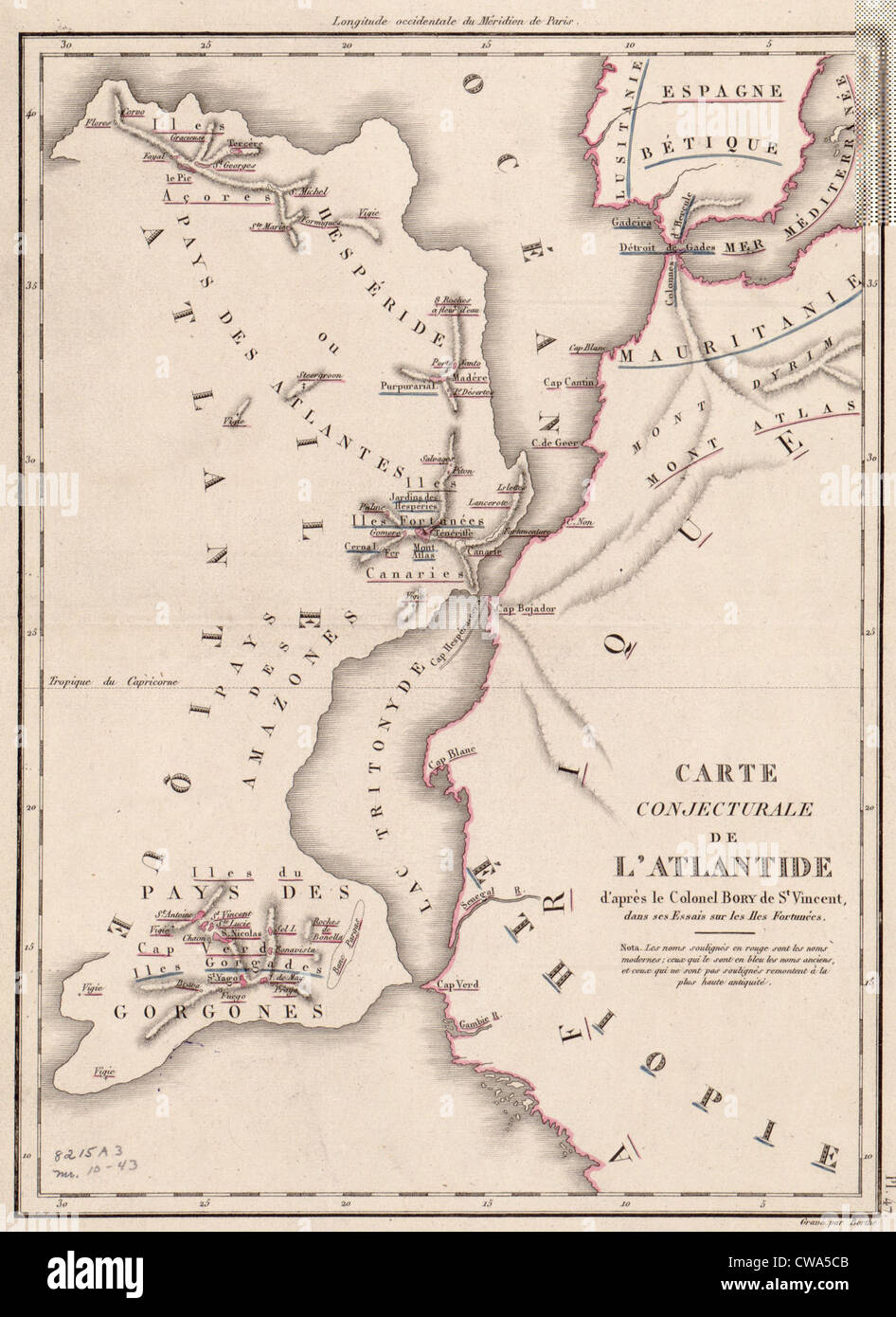 Mapa del siglo xix representando una conjeturó ubicación del continente de la Atlántida imaginaria de la costa del norte de África. Foto de stock