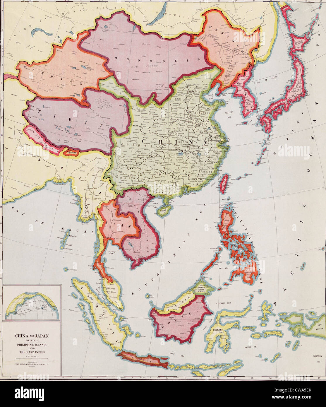 1932 El mapa de Asia oriental, mostrando unidas que se convierten en objetivos de expansión e invasión japonesa en la Guerra Sino-Japonesa Foto de stock