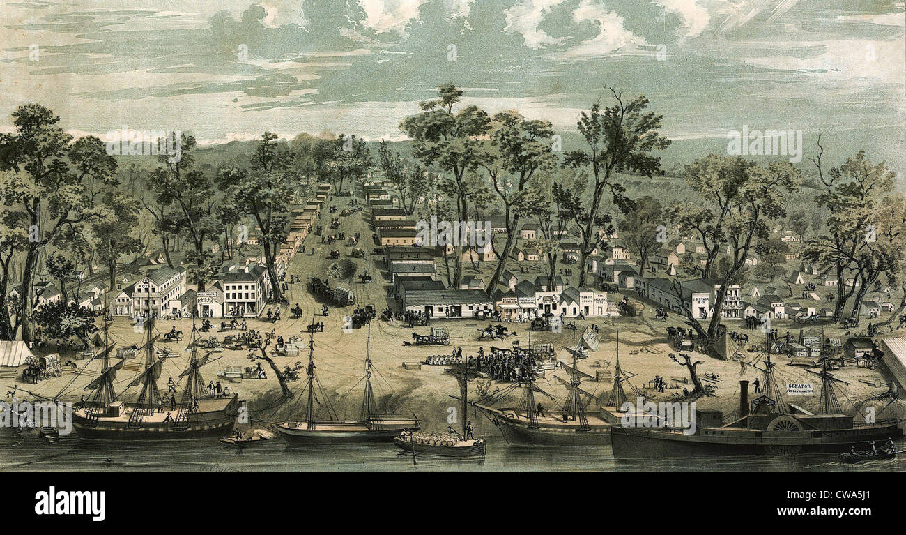 Ciudad de Sacramento, California, en 1849. El descubrimiento de oro en 1848 hizo un boom de Sacramento la ciudad con tiendas, transporte, y Foto de stock