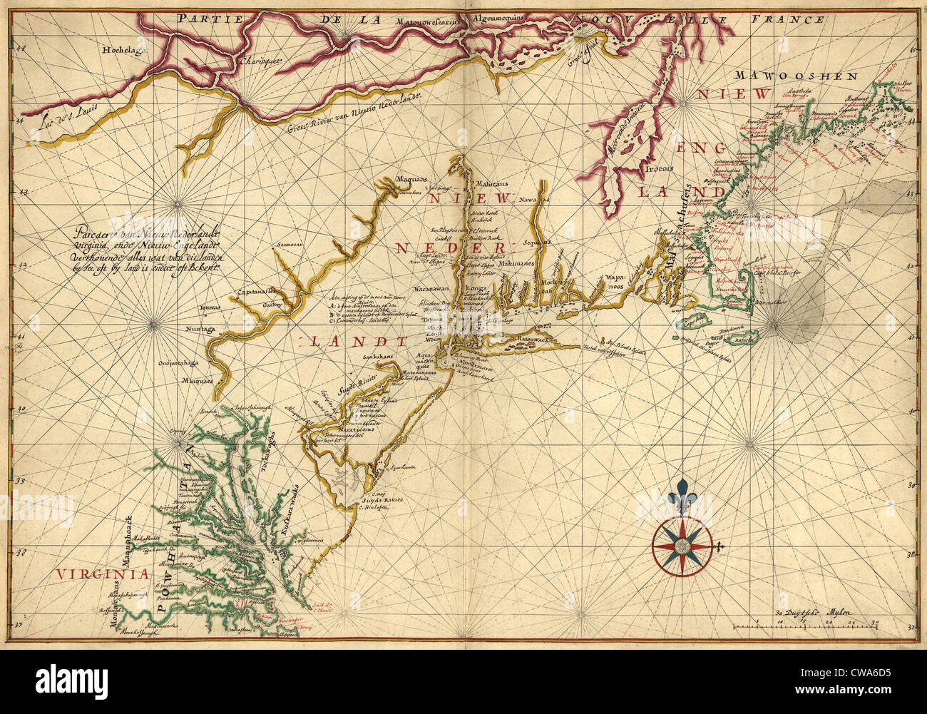 1639 mapas de las colonias británicas en América del Norte, con las ubicaciones de Plymouth y Jamestown. Foto de stock