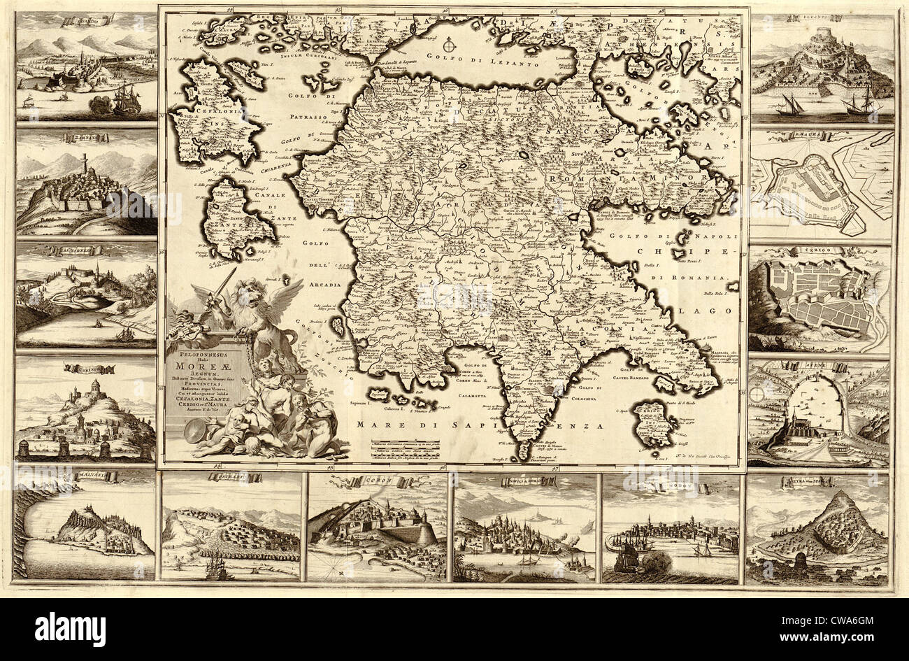 1688 Mapa de península peloponesa del sur de Grecia. Mapa de las fronteras contienen grabados de vistas a la ciudad fortificada, parte de la Foto de stock