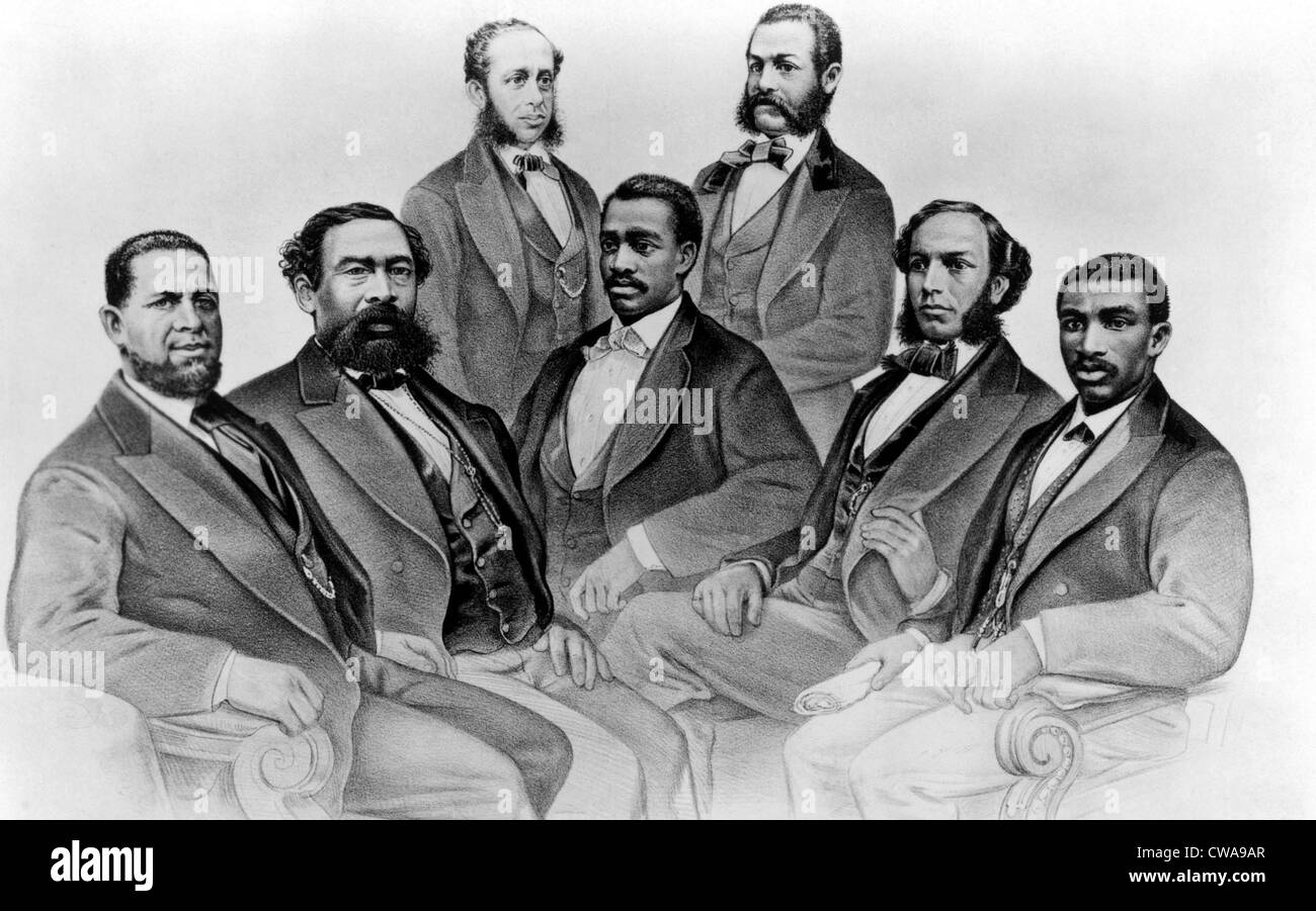 Los congresistas negros durante la reconstrucción. (Sentado) del senador H.R. Revels, Mississippi; Rep. Benjamin S. Turner, Alabama; Rep. Josías Foto de stock