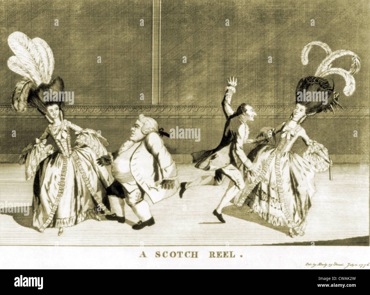 Dos parejas bailando un molinete escocesa. Las damas visten el monstruoso  coiffures emplumados luego de moda. Ca. 1775 Fotografía de stock - Alamy