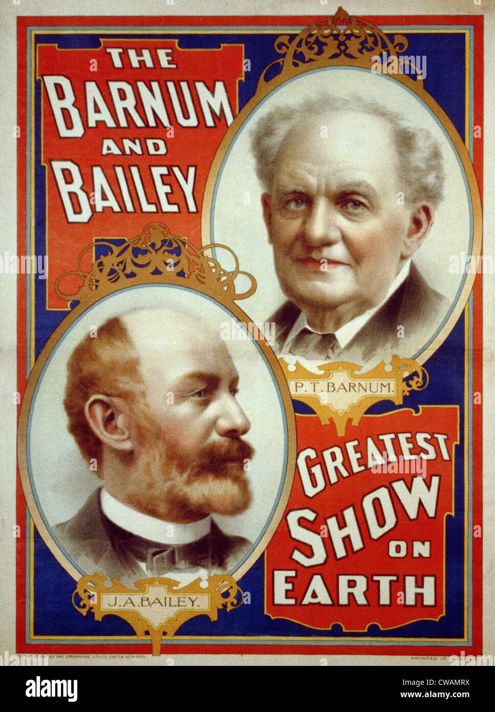 Cartel de Barnum & Bailey mayor espectáculo de la tierra con el retrato de P.T. Barnum y J.A. Bailey Foto de stock