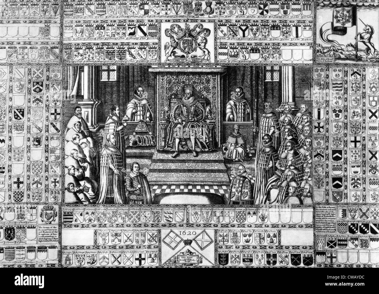 El rey Jaime I (1566-1625), rey James I (centro, gobernó Inglaterra 1603-1625) y del Parlamento, los lores espirituales, señores de la izquierda Foto de stock