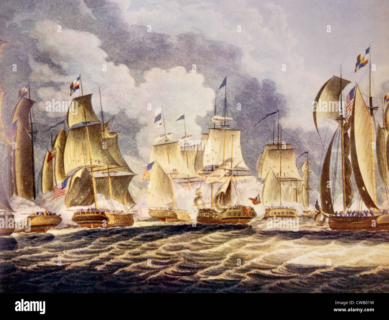 La batalla del lago Erie, el comodoro Perry's abandonado acorazado 'Lawrence' a la derecha, 1813 Foto de stock