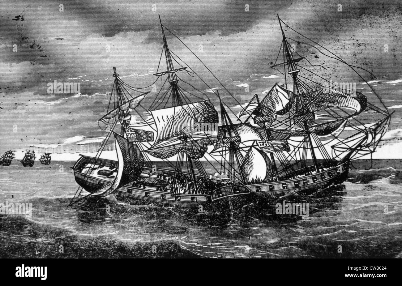 La guerra de 1812, el buque norteamericano Wasp en combate con el buque británico que retozan, 1813 Foto de stock