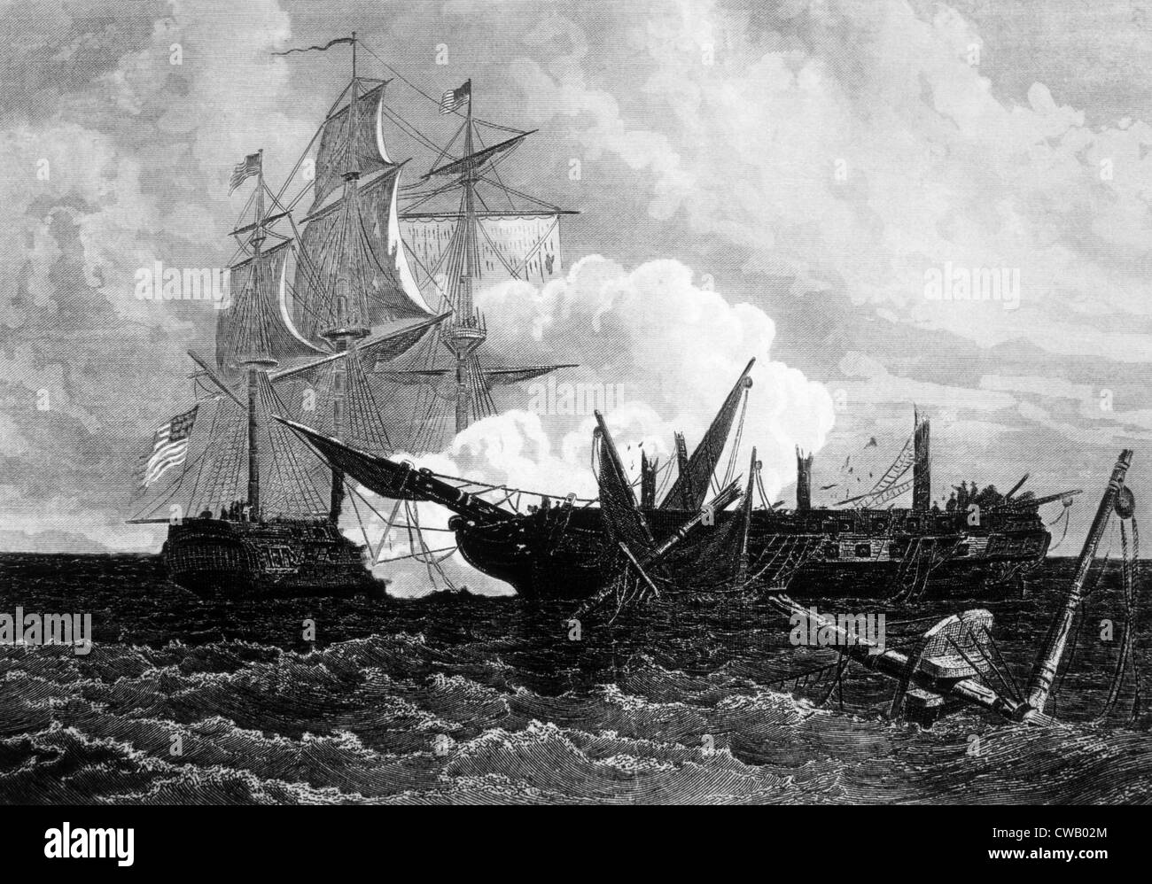 La guerra de 1812, batalla naval en la que fragata norteamericana Constitución anula el buque de guerra británico Guerriere, 19 de agosto de 1812 Foto de stock