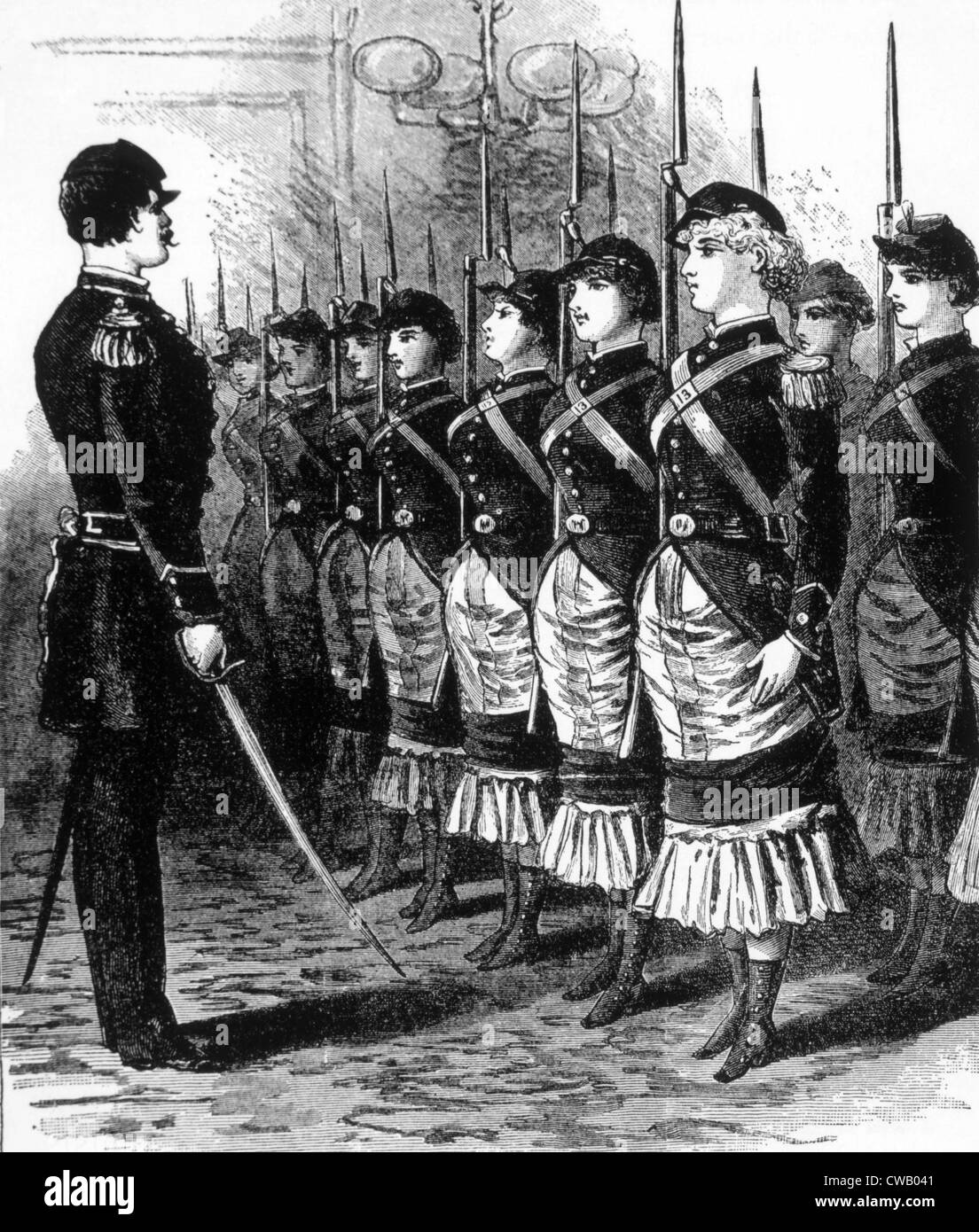 Los derechos femeninos" mosqueteros, ilustración en "La Gaceta de la policía", c. 1846. Foto de stock