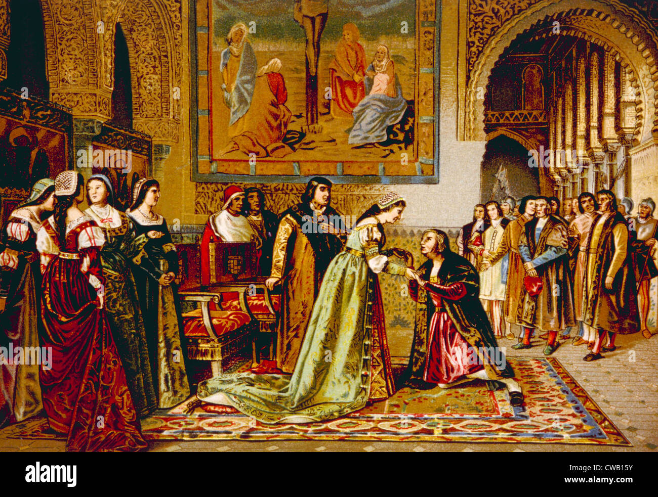 Cristóbal Colón recibido por el rey Fernando y la Reina Isabel en su llegada en cadenas en España en 1500, chromolithograph Fotografía de stock - Alamy Cristóbal Colón recibido por el rey Fernando y la Reina Isabel en su llegada en cadenas en España en 1500, chromolithograph Fotografía de stock - Alamy