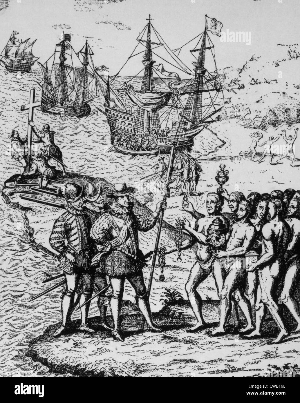Cristóbal Colón desembarco en la isla Hispaniola en 1492, grabado de Herrera, "Historia General de los Hechos de los Foto de stock