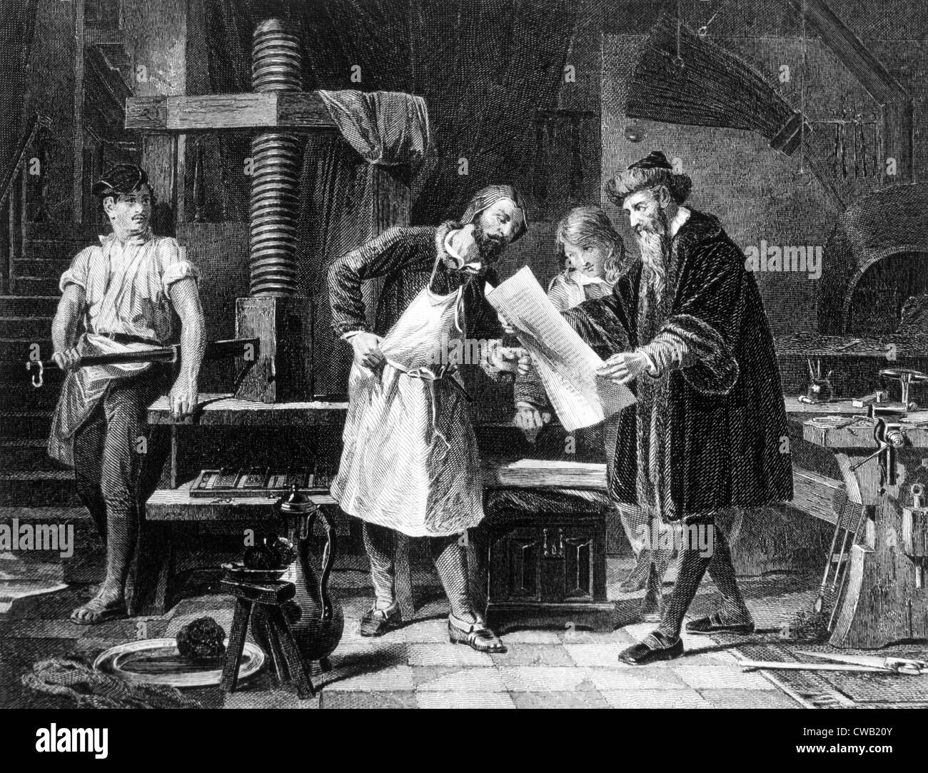 Johann Gutenberg (derecha) en el grabado a partir de 1881 Foto de stock