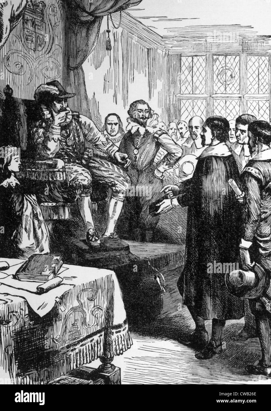 El rey Jaime I (1566-1625), gobernó Inglaterra 1603-1625. Puritanos conferenciando con el Rey Jaime I. Foto de stock