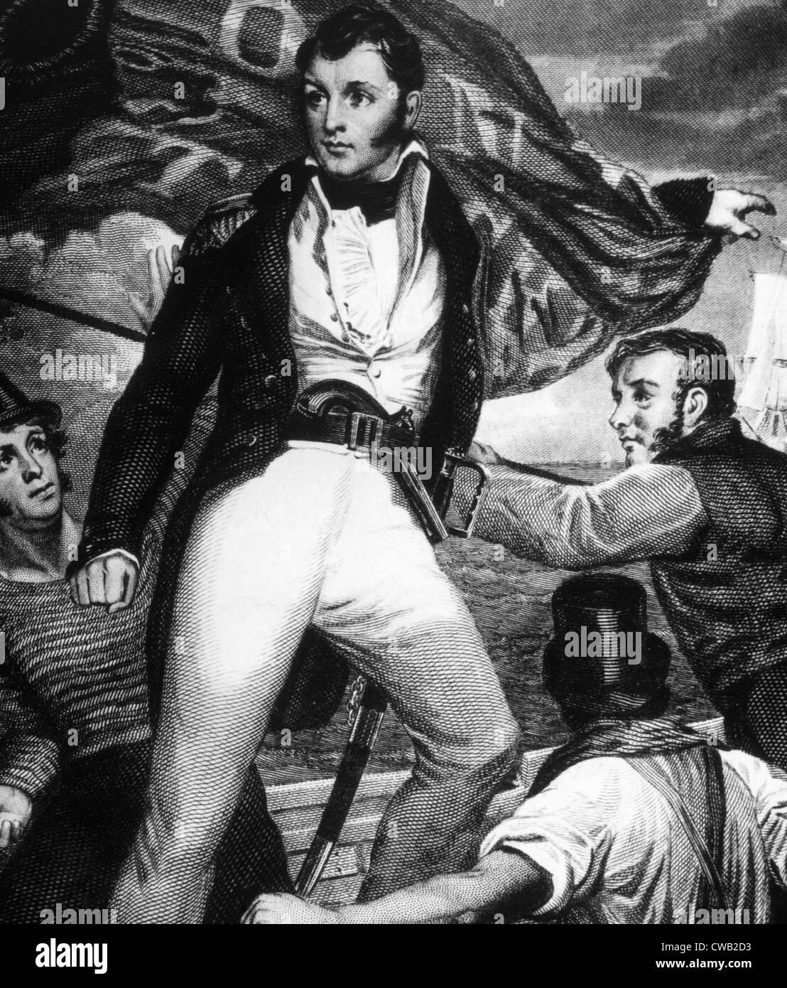 El Comodoro Perry Oliver peligro durante la batalla del lago Erie, 1813 Foto de stock