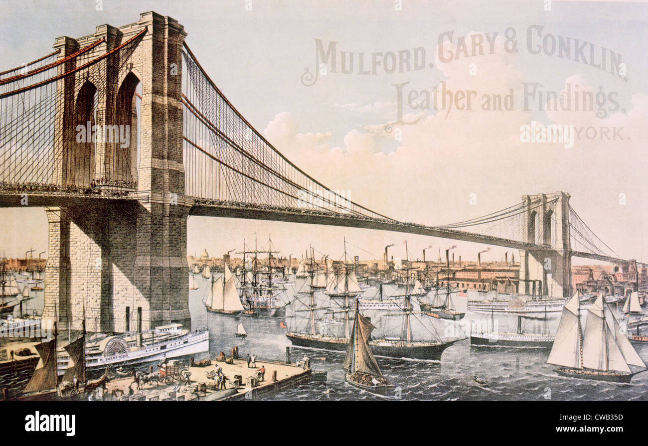 El Puente de Brooklyn, litografía 1877 Foto de stock